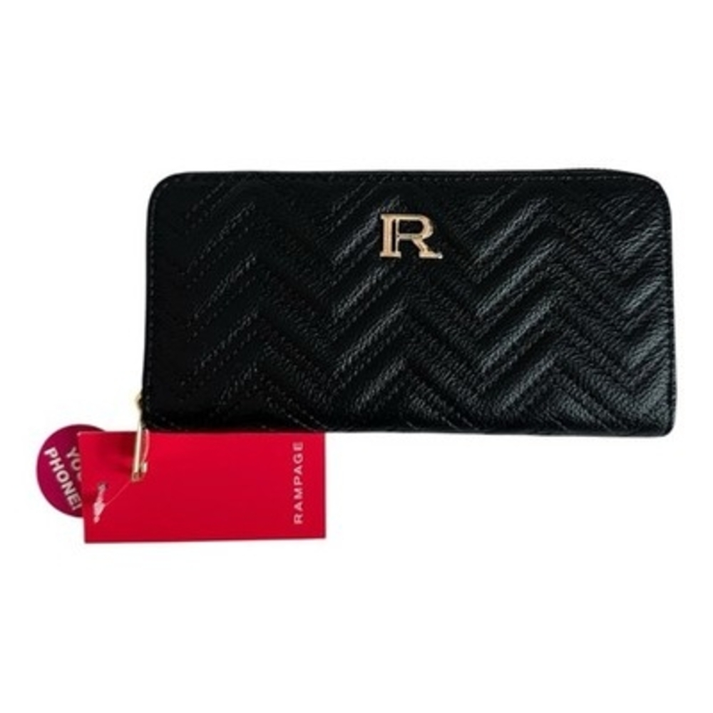 Rampage Chevron Quilted Zip Around Black Leatherette Wallet Fits Phone NWT